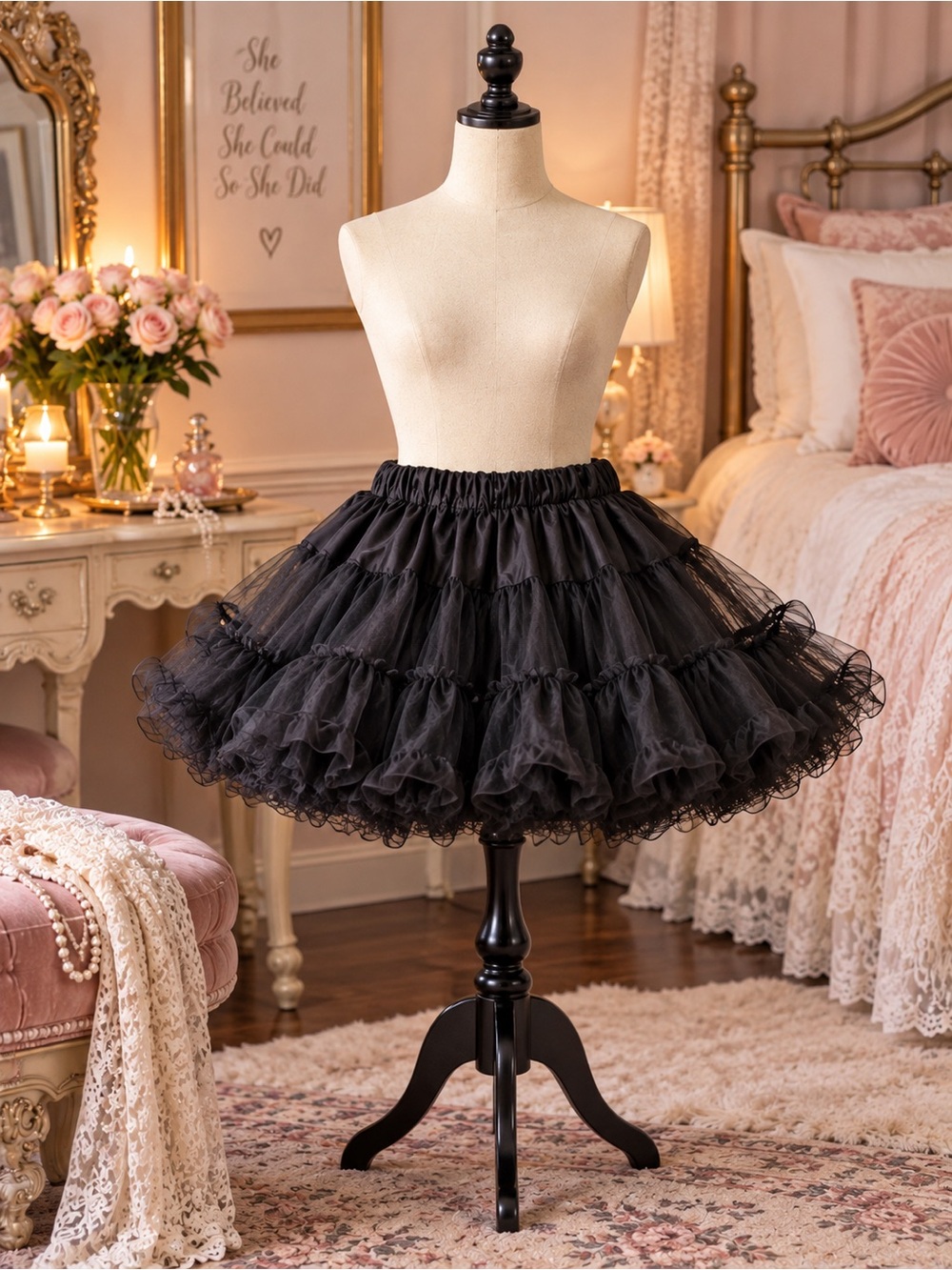 Vintage black tulle 2 layer 2 tier ruffles crinoline petticoat